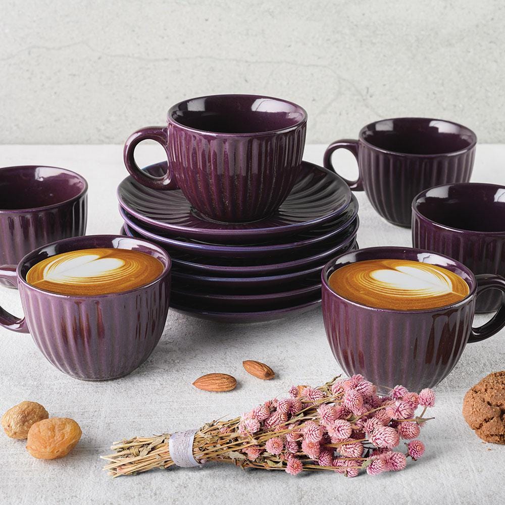 Cup Plate Burgundy Burgundy Ceramic Cup and Saucer Set (Set of 6)