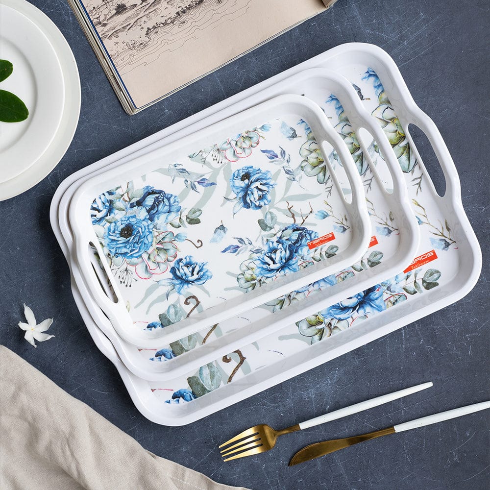 Cup Plate Blue Ivy Melamine Handle Tray Set - 3 Vibrant Trays
