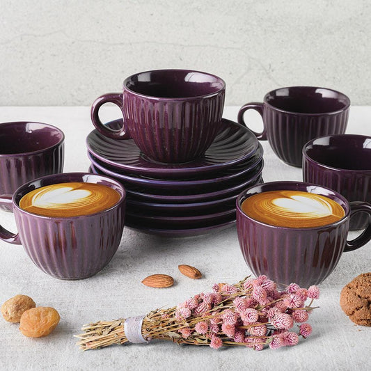 Cup Plate Burgundy Burgundy Ceramic Cup and Saucer Set (Set of 6)