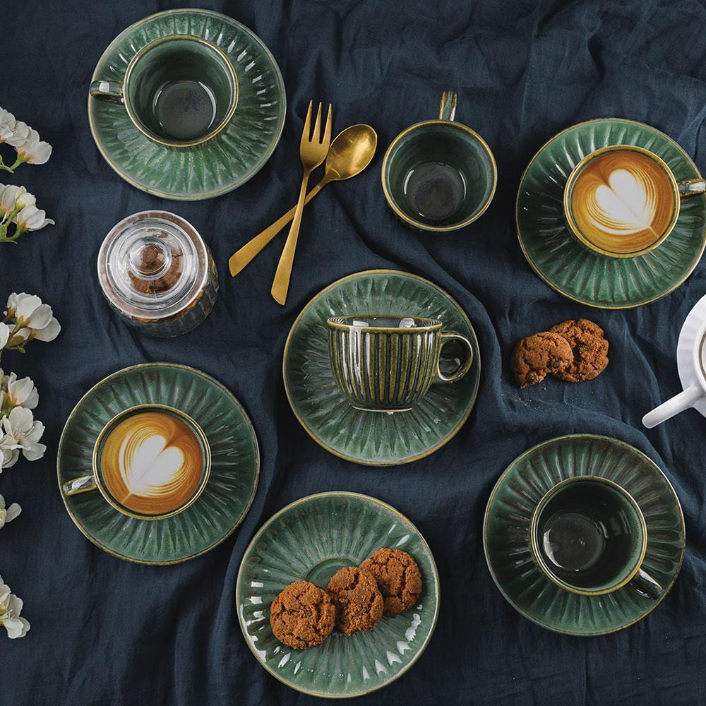 Cup Plate Green Glossy Green Glossy Cup and Saucer Set (6 Pieces)