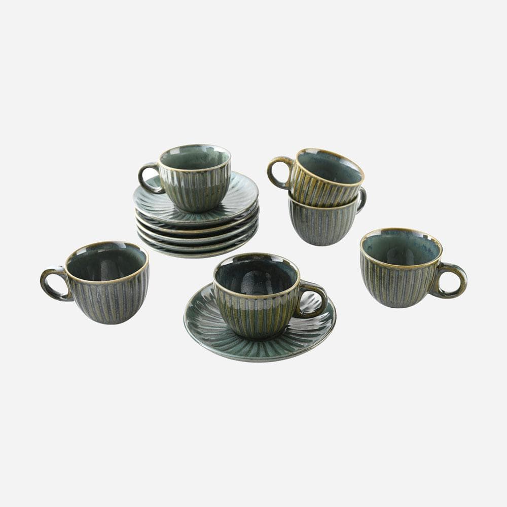 Cup Plate Green Glossy Green Glossy Cup and Saucer Set (6 Pieces)