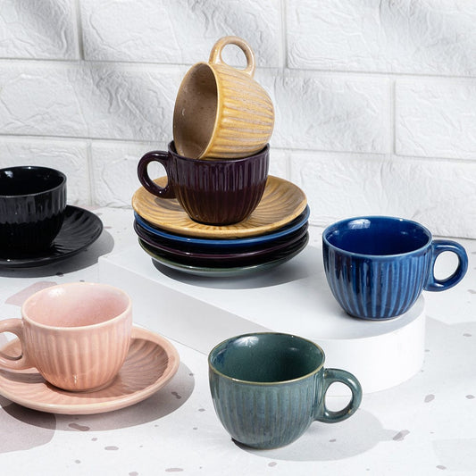Cup Plate Multicolor Multicolour Ribbed Cup and Saucer Set (6 Pieces)