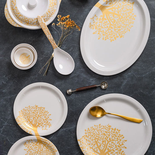 Cup Plate Temple Tree Gold Round Dinner Set - 44 Piece
