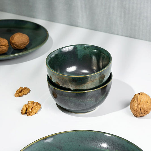 Cup Plate Verdant Green Glossy Ceramic Snack Bowl(Set of 4)