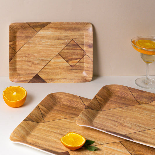 Cup Plate Walnut Melamine Canvas Matt Tray Set - 3 Piece